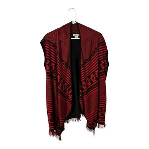 Red and Black Aztec Geometric Patterned Knit Fringe Cardigan Vest XL
